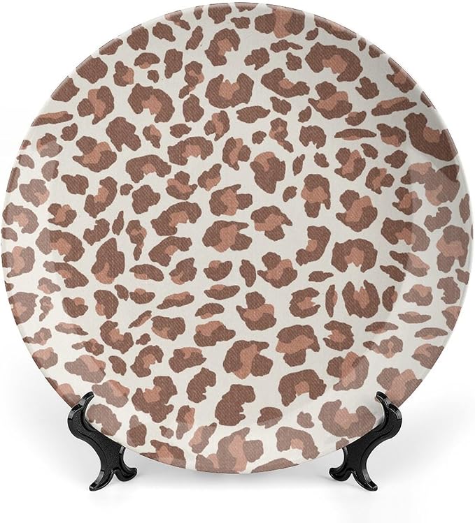 Ceramic Decorative Plate Leopard Animal Print Brown And Gray Custom Decor for Display Farmhouse Wall Club Ceramic Display Plate 1 Plate with 1 Display Stand, Multi Sizes, Gifts for Men Women