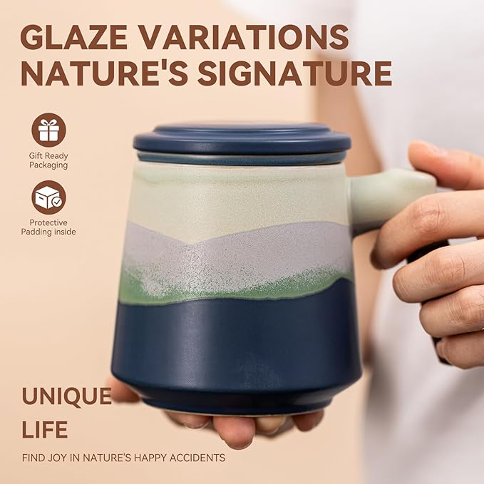 Ceramic Tea Mug with Infuser & Lid, 15oz Kiln-Transformed Unique Cup – Nature's Artisan Design, Loose Leaf Tea Cup with Infuser, Insulated Ceramic Coffee Mugs with Lid, Gift for Women/Men