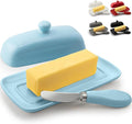 Zulay Kitchen Butter Dish With Lid For Countertop - Porcelain Blue, Ceramic Butter Dish with Knob Handle Great for Cooking - Elegant Design Butter Holder - Durable & Sturdy Butter Keeper - Light Blue