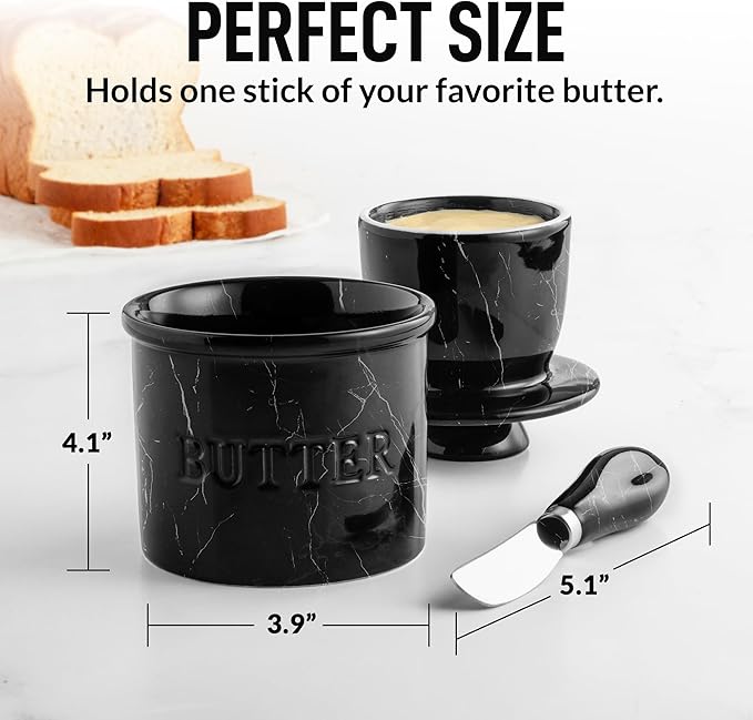 Zulay Kitchen Bell Shaped Butter Crock with Lid for Countertop with Water Line & Spreader Knife, Ceramic French Butter Dish Keeper For Fresh, Soft & Spreadable Butter - Black Marble