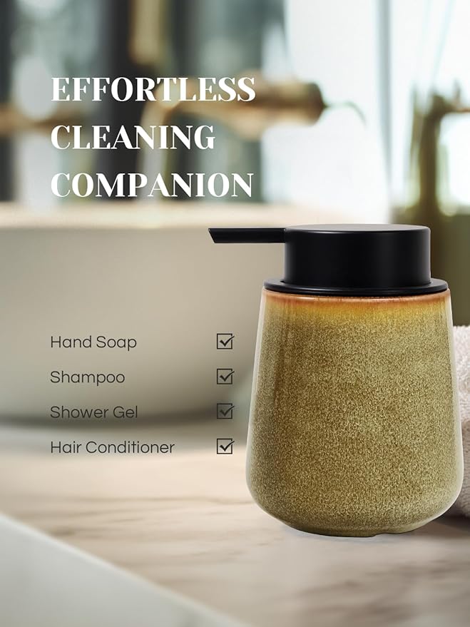 INGOFIN Ceramic Foaming Soap Dispenser - 12 oz Refillable Foam Hand Soap Dispenser Bathroom, Modern Dish Dispenser Pump for Kitchen,Kiln-Glazed Earthy Greenish-Brown