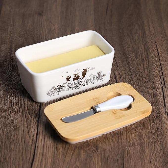 WAIT FLY Cow Ceramic Butter Dish with Bamboo Lid and Knife, 2 Sticks Butter Dish Butter Container Keeper for Kitchen Countertop, Home Decorative-Cow