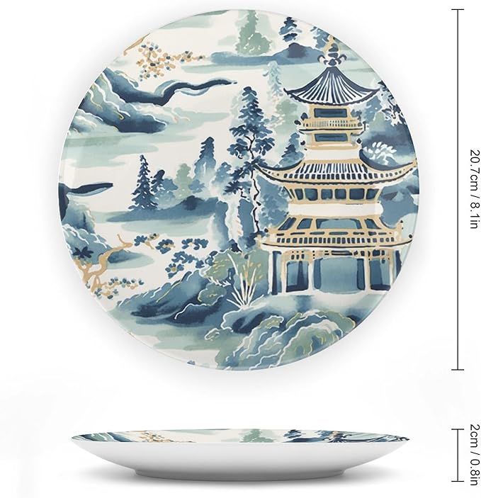 Blue And White Chinoiserie Pagoda Ming Toile Asian Ceramic Decorative Plate for Display Table Art Decoration Supplies Household Office Holiday Party Decorations Customize Gifts for Men Women Holiday