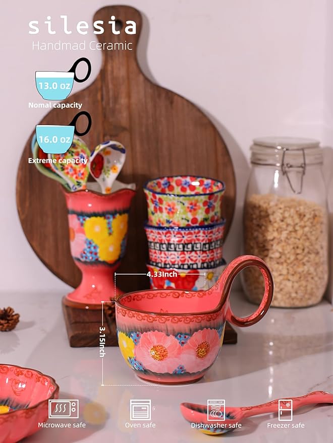 silesia Handmade Loop Handle Soup Bowl, Plate and Spoon Set - Ceramic Hand Painted Cereal Bowl Great for Soup, Ice cream, Snack, Stew in Gift Box, Dishwasher Safe, Glazed Pink