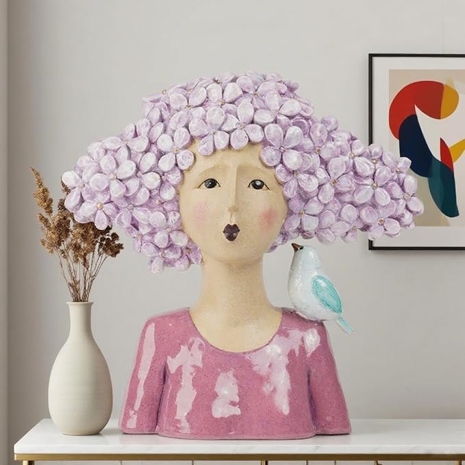 DiliComing Garden-Statues Women-Head Statues for Home Decor - 11 Inch Women with Bird Modern Art Statue, Animal Sculptures for Home and Garden 10.5 x 5.5 x 11 Inch (Purple)