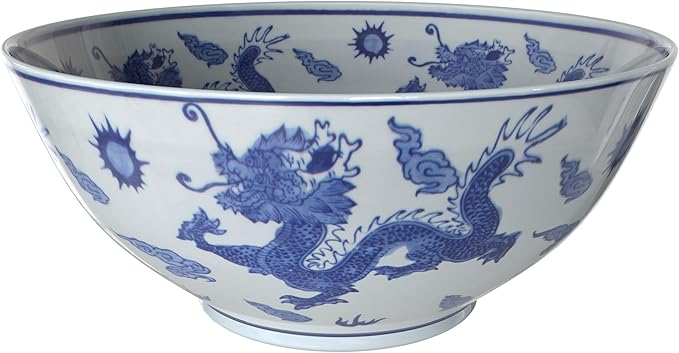 Red Lantern 14" Dragon Blue & White Porcelain Bowl Vase for Centerpiece in Kitchen Dining Living Room Bedroom with Boho Eclectic Modern Contemporary Classic Traditional Style Decor