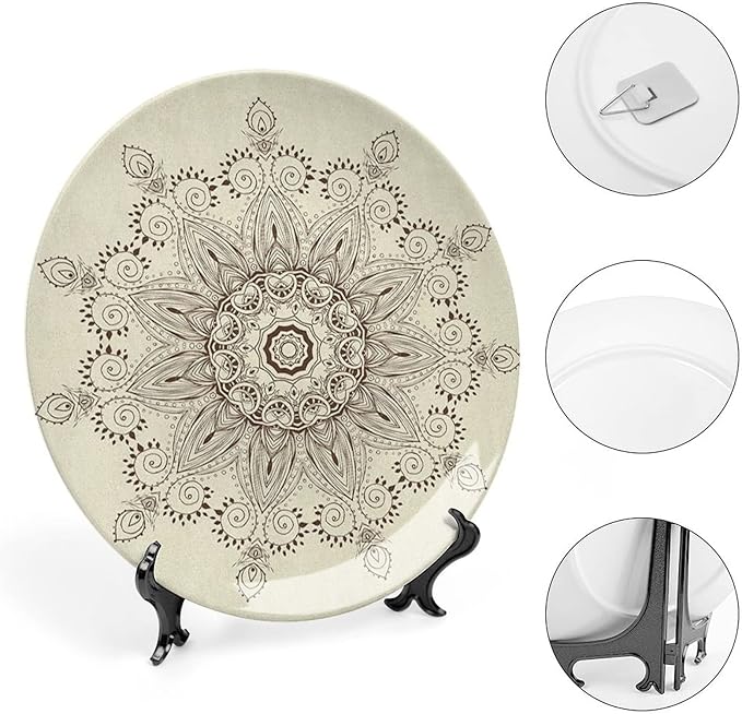7 Inch Decorative Plate, Lotus Ceramic Stoneware, Arabesque Mandala Ritual Symbol Print Ceramic Wall Hanging for Fine Dining Upscale Events, Dinner Parties, Weddings, Catering, Seal Brown Cream