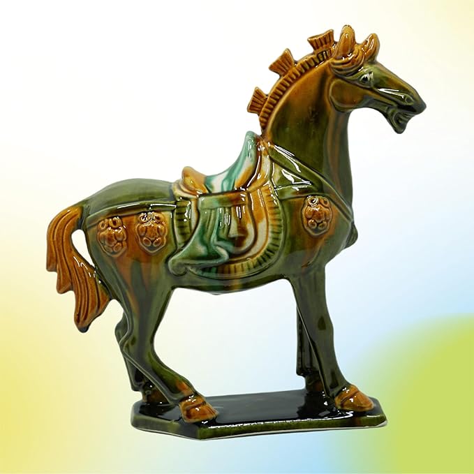 Handmade Tang Dynasty Tri-Color Horse Ceramic Sculpture - 19cm Traditional Chinese Cultural Art Decor - Symbol of Prosperity & Good Fortune - Perfect for Home, Office, Bookcase Shelf(Grass Green)