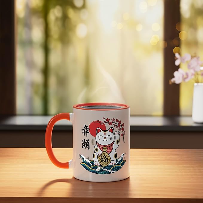Cat Japanese Lucky Maneki Cat, Lucky Cat With & Bloss Ceramic Mug, Orange/White