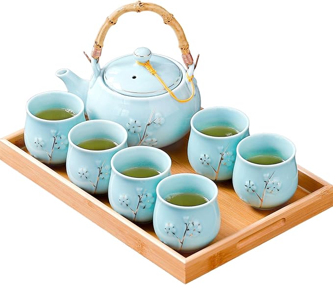Japanese Tea Set with 1 Teapot(23 oz/660ml), 6 Tea cups(5.3 oz/150ml), 1 Tea Tray, 1 Stainless Infuser, Golden plum blossom relief,Chinese gungFu tea set (Golden plum-Blue)