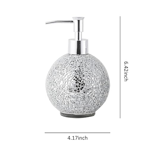 WHOLE HOUSEWARES | Glass Mosaic Hand Soap Dispenser for Bathroom | Lotion Bottle for Kitchen, Bathroom with Chrome Plated Plastic Pump |14 Ounce Set of 2 (Silver)