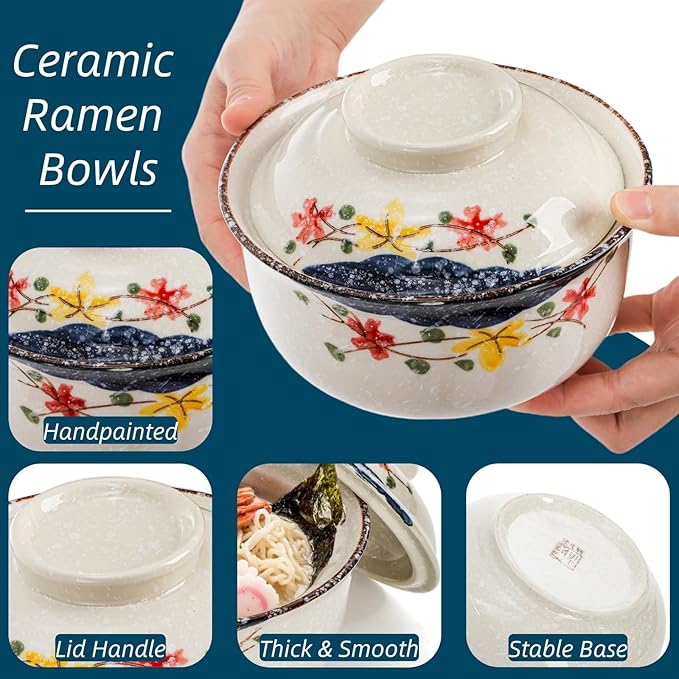 2 Pieces Ceramic Ramen Bowls, 25 Oz Large Soup Bowl with Lid, Spoon, Chopstick, Hand-painted Japanese Tableware for Noodles, Salad, Rice, Microwave Dishwasher safe