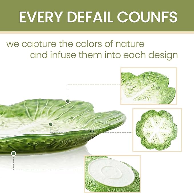 1 Pcs Green Ceramic Salad Plate, 10.5 Inch Porcelain Decorative Plates for Kitchen, Round cabbage dishware for Dessert, Decorative, Dinner, Pancakes, Steak, Cabbage Plate Microwave & Dishwasher Safe
