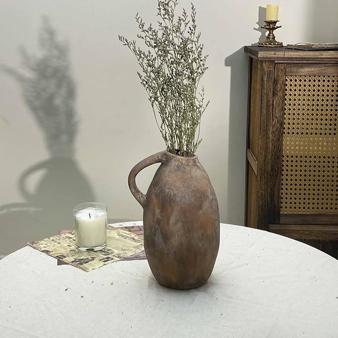 Rustic Ceramic Vase, Farmhouse Vases with Handle, Handmade Pottery Vase, Vintage Rustic Vase for Living Room, Kitchen, Home Decor, Thanksgiving, Centerpieces - 9.6 Inch