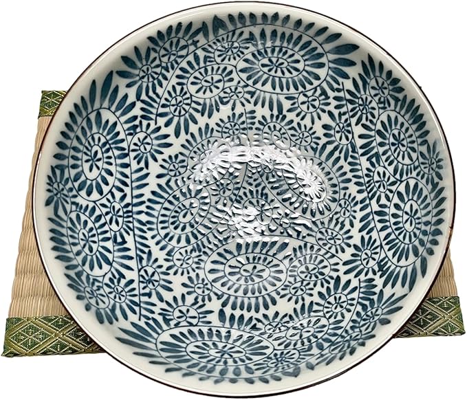 Traditional Japanese Ceramic 51 Fluid Ounces, Wide Mouth Sanuki Serving Bowl, Tako Karakusa Pattern, Donburi Noodle Ramen Soup Pasta, Mino Ware from Japan KG325204