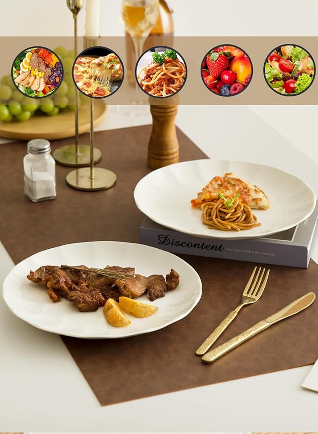 10.5 Inch Porcelain Large Dinner Plates Set of 8,White Round Petal Appetizer Salad Plates, Ceramic Dinnerware Serving Plate for Pancakes, Steak, Pasta, Pizza, Microwave, Dishwasher Safe