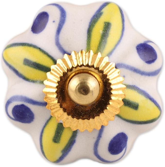 NOVICA Artisan Handmade Ceramic Cabinet Knobs Floral Yellow White Set of 6 India Metal Decor Accessories Decorative Hardware Painted Garden Party Bohemian [ 3.1in H x 2in W x 1.2in D Screw Length 1.6]