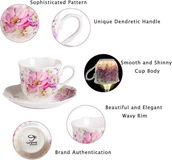 GuangYang 7 oz Porcelain Tea Cups and Saucers Set of 6, Pink Floral Design – Elegant Gift Set for Tea Lovers, Coffee, Cappuccino, Mocha, Weddings, Housewarming & Holidays