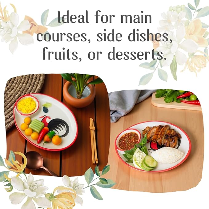 Thai Ceramic Chicken Plate with Sauce Well – 9x6 inch Traditional Rooster Pattern Serving Dish for Snacks, Dips, Sushi, or Appetizers