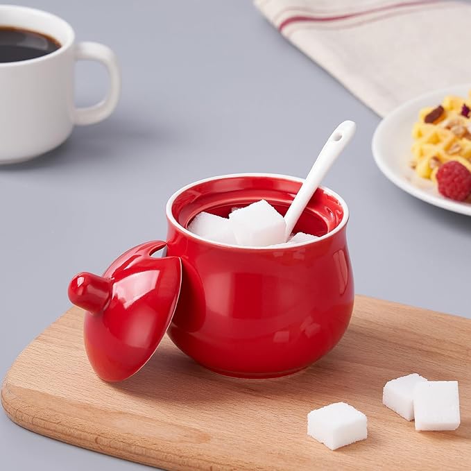 Ceramic Sugar Bowl with Lid and Spoon, Red Porcelain Sugar Salt Pepper Storage Jar, 7 Ounces