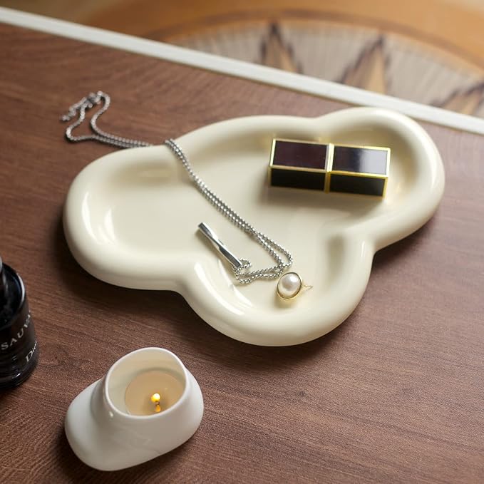 Jewelry Dish Trinket Tray for Women, Ring Dish Holder, Unique Cloud Shape Ceramic Plate Cute Things Vanity Aesthetic Room Decor Mother's Day Birthday (Crème)