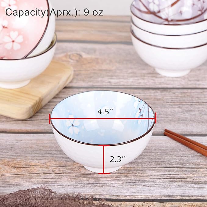 VanEnjoy Set of 4 Japanese Style Ceramic Rice Bowl with Gift Box,Assorted Phum Colors Flowers Pattern Bowls Set,Underglazed Dinnerware,For Dessert Snack Cereal Soup