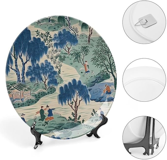 Asian Scenic Dynasty Blue And Green Plates Ceramic, Custom Porcelain Dessert Plate Set for Office Festival Farmhouse Decor, with Vertical Stand Art Decorations for Club Kitchen