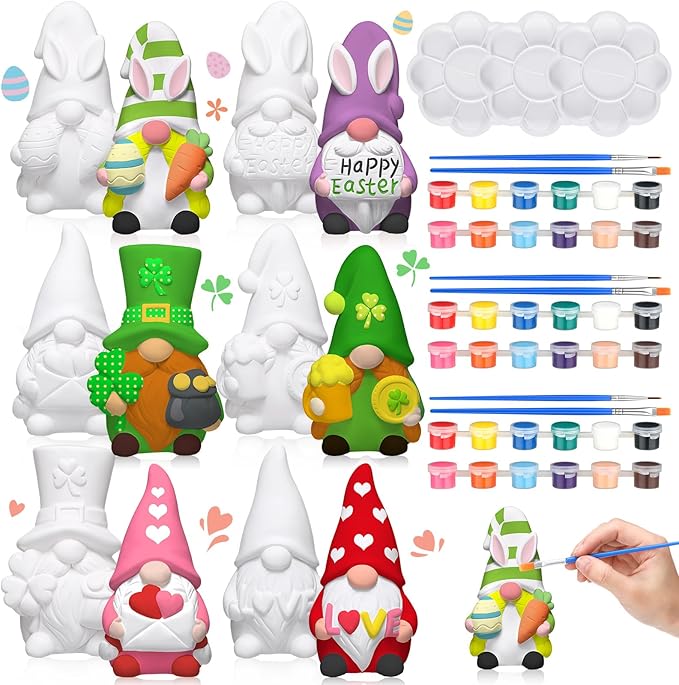 VioraWhite 6 Pcs Easter Gnome Ceramics to Paint Galentines Crafts Seasonal Holiday Ready to Paint Your Own Gnome Statues 4'' Mini Unpainted St. Patrick's Day Valentine Ceramics Figurines to Painting