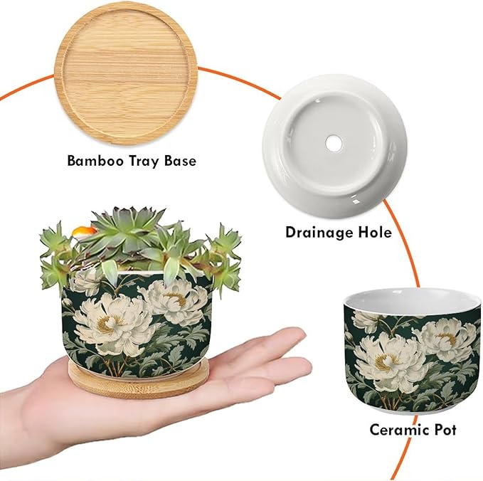 2 Piece Ceramics Planter Egg Green and White Floral Small Planters for Succulents White Chinoiserie Flower Planter for Succulents Chinoiserie Plant Pot with Drainage and Bamboo Tray