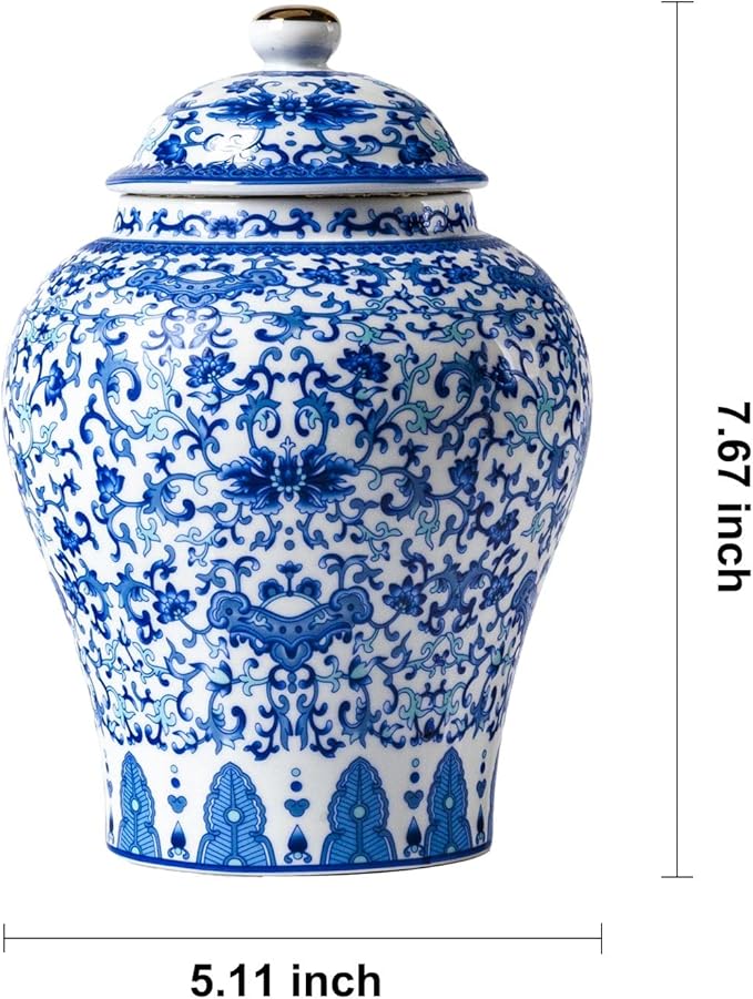 Qinlang Small Ceramic Ginger Jar for Home Decor, Ginger Jar Vase with Lid, Blue and White Lotus Pattern