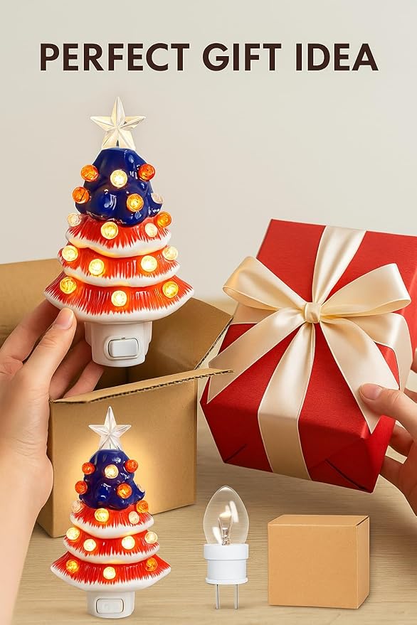4th of July Patriotic Ceramic Christmas Tree Night Light, 6-Inch Plug-in Vintage Holiday Lamp with 28 Red White Blue Lights, 360° Rotating UL Plug, Warm Glow & Bulb Included (USA Flag)