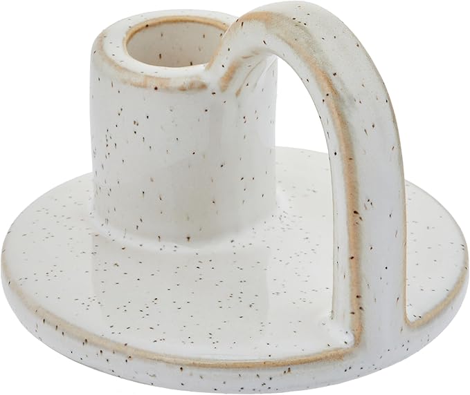 Ceramic Taper Candle Holders with Handle (Set of 2) – Tall Candlestick Holders for Table Decor Centerpieces, Rustic Home Décor, and Dinner Table Styling Glazed White
