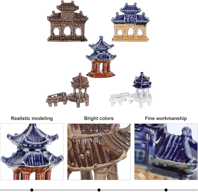 Yardwe Ceramic Pavilion Ornaments 5Pcs Miniature Garden Sculptures for Patio Lawn Bonsai Decorations Outdoor Micro Landscaping Accessories