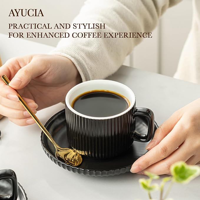 5 Ounce Espresso Cups Set of 4, Small Coffee Cups with Saucers and Spoons, Black Ceramic Demitasse Espresso Mugs