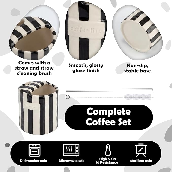1 Pack Ceramic Coffee Mug with Sip Hole Espresso Cup 10oz with Straws Retro Hand Painted Striped Porcelain Coffee Tea Cup Cappuccino Latte Mug for Kitchen Dining Travel (Black)