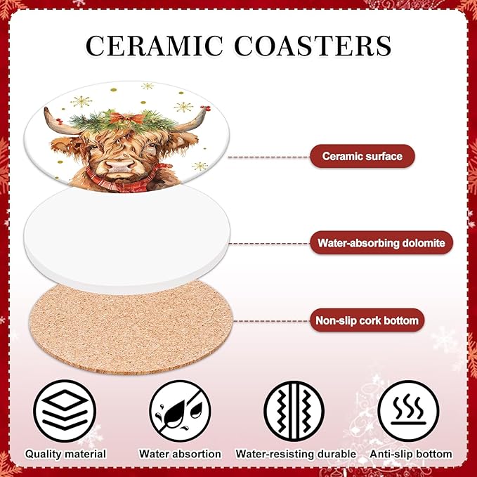 Whaline 6 Pcs Christmas Coasters Cup Mat with Metal Holder Watercolor Highland Cow Snowflake Ceramic Drink Coasters for Xmas Winter Holiday Animal Party Home Table Decor