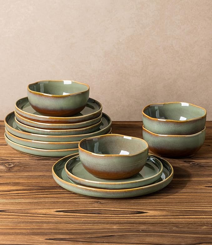 TheTerra Ceramic Dinnerware Sets for 4, 12 Pieces Handmade Reactive Glaze Plates and Bowls Sets, Scratch Resistant Dish Set, Oven & Microwave & Dishwasher Safe, Brown Green