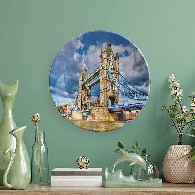 XISUNYA 7 Inch Decorative Plate, London Ceramic Plate, Historical Tower Bridge on River London UK British Day Time Print Ceramic Wall Hanging for Fine Dining, Dinner Parties, Weddings, Catering