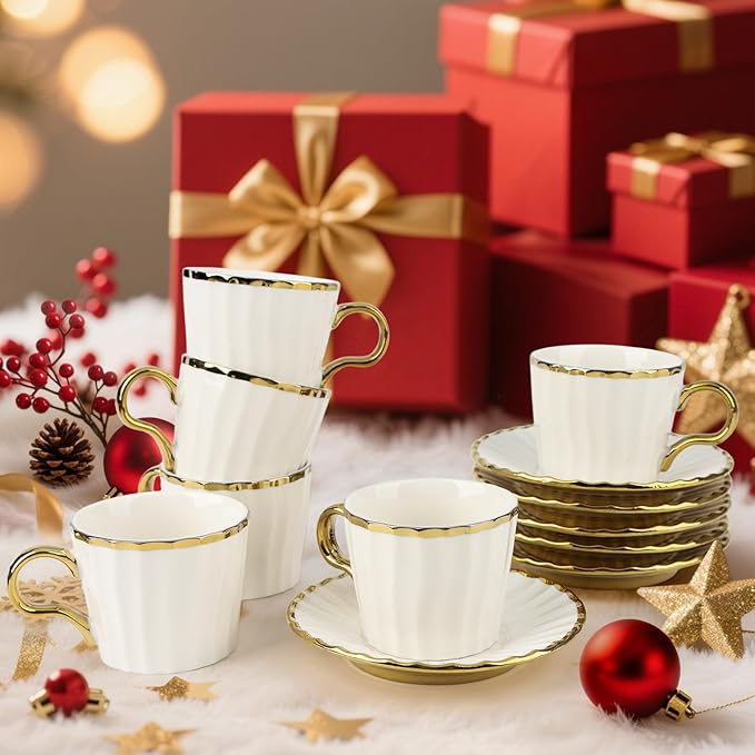 3.2oz Ceramic Turkish Coffee Cup Set of 6, British Italian Cappuccino Cups Porcelain Espresso Cups and Saucers with Gold Trim for Double Espresso Cappuccino Latte Mocha Tea, Gold