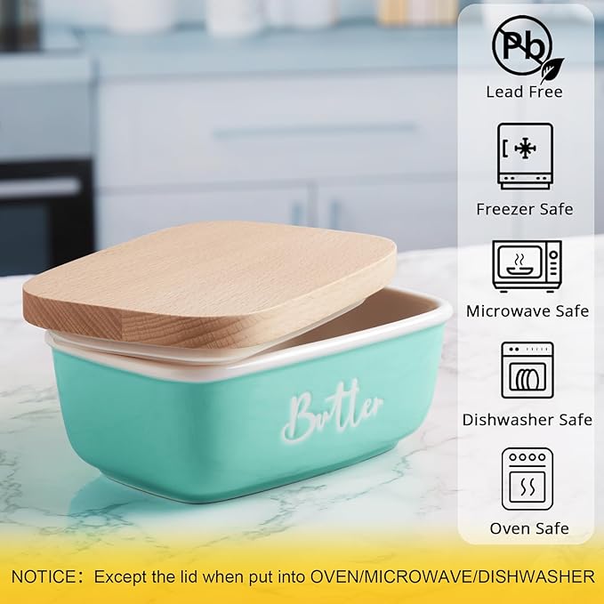 ALELION Turquoise Ceramic Butter Dish with Lid - Turquoise Kitchen Decor & Teal Kitchen Accessories for Countertop - Butter Keeper Container with Thick Beech Wood Lid - Cute Modern Farmhouse Decor