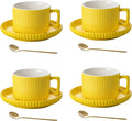 8 Ounce Cappuccino Cups Set of 4, Latte Mugs with Saucers and Spoons, Yellow Ceramic Coffee Mugs Tea Cups for Cappuccino Latte Mocha Au Lait Macchiato Cafe