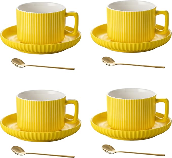 8 Ounce Cappuccino Cups Set of 4, Latte Mugs with Saucers and Spoons, Yellow Ceramic Coffee Mugs Tea Cups for Cappuccino Latte Mocha Au Lait Macchiato Cafe