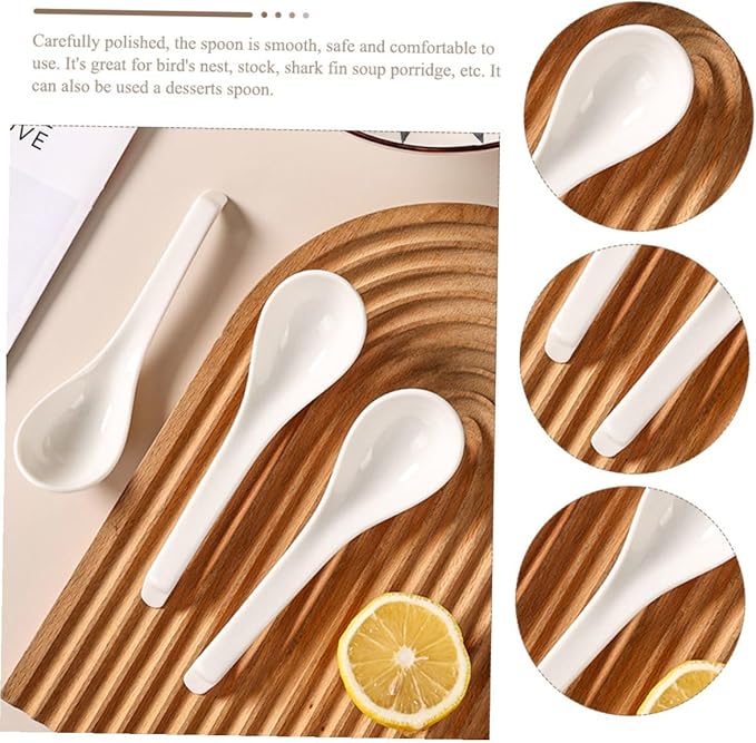 6Pcs White Ceramic Soup Spoons Small Rice Ladles Household Kitchen Utensils Porcelain Serving Spoons for Soup Porridge Dessert