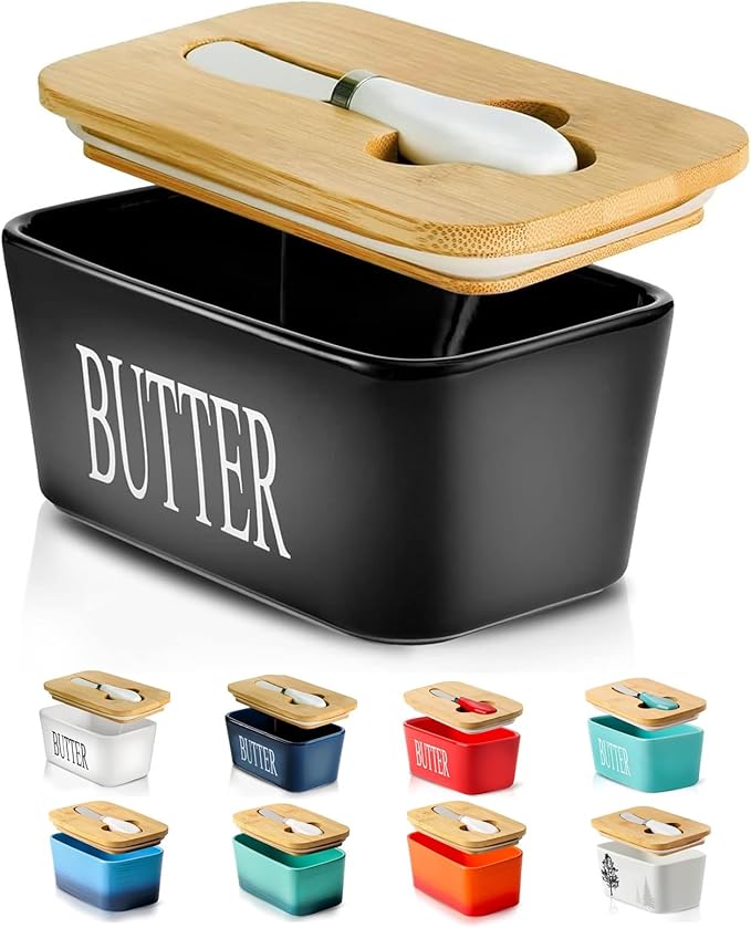 Hasense Butter Dish with Lid, Ceramic Butter Dish with Knife for Countertop, Airtight Covered Butter Keeper Container, Large Black Butter Holder for Refrigerator,Black