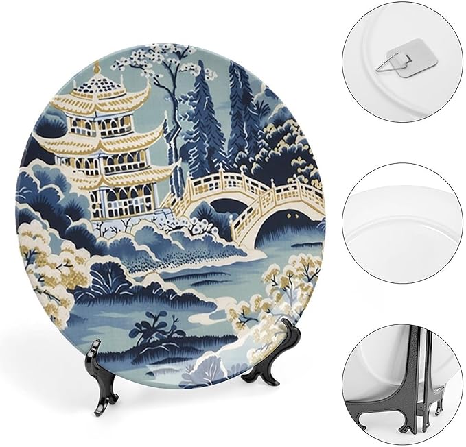 China Plates Blue And White Chinoiserie Pagoda Ming Toile Asian Personalized Decor for Household Home Kitchen Club Chinese Plates Unique Art with Stand, Multi Sizes by Choosing, Gifts for Men Women