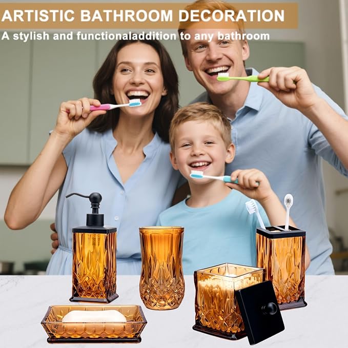 Bathroom Accessories Set,5 Pcs Amber Glass Bathroom Accessory Set,Complete Lotion Soap Dispenser,Toothbrush Holder,Soap Dish,Tumbler & Jar,Modern Bathroom Decor Sets Gift,Square