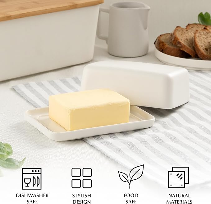 MIAMIO - Ceramic Butter Dish with Lid for Countertop, Holds 2 Sticks of Butter/Butter Holder and Container with Ceramic Lid, Butter Dish for Refrigerator (White)
