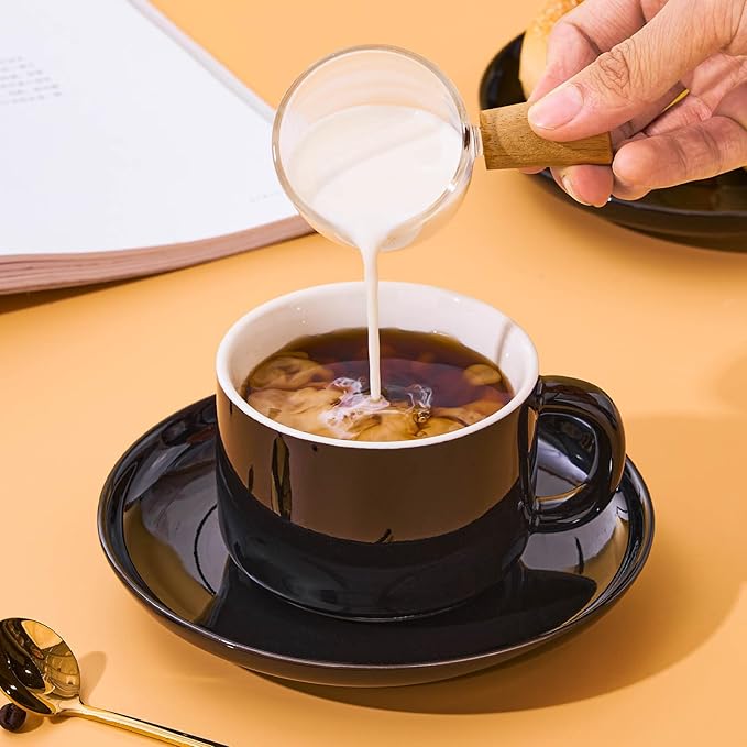 8oz Cappuccino Cups Set of 6, Ceramic Coffee Cups and Saucers Set with Spoons, Black Durable Coffee Cups for Cappuccino Espresso Latte Mocha Au Lait Macchiato Cafe