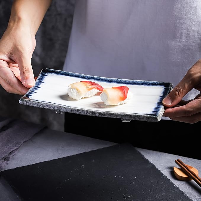 Uaral Sushi Plate,Ceramic White Sushi Plate Sashimi Plate Japanese Platter For Restaurant and Sushi Bar,Set of 4(Midnight Blue&White)