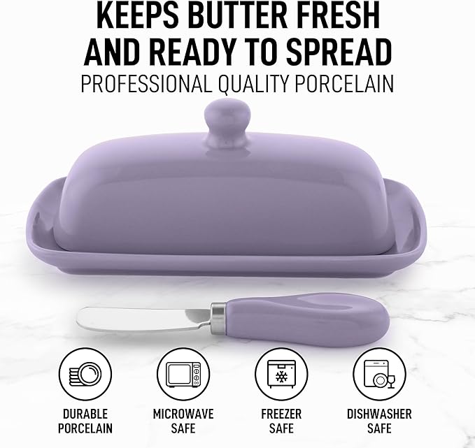 Zulay Butter Dish With Lid For Countertop - Porcelain, Ceramic Butter Dish with Knob Handle Great for Cooking - Elegant Design Butter Holder - Durable & Sturdy Butter Keeper - Periwinkle